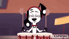 a dalmatian dog wearing headphones is playing drums on a screen that says kapwing