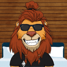a cartoon lion wearing sunglasses and a black shirt is sitting on a bed