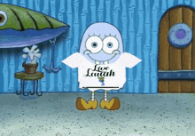 a cartoon character is wearing a t-shirt that says live laugh