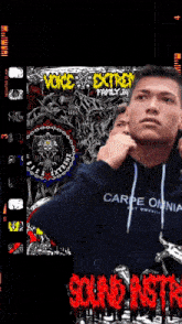a man wearing a carpe omnia hoodie stands in front of a poster