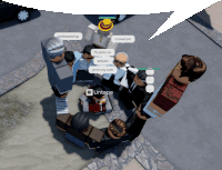 a group of people are gathered in a circle and one of them has a speech bubble saying crowd pic