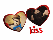 two hearts with a picture of a man and a girl and the word kiss