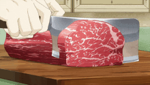 a person is cutting a piece of meat with a knife
