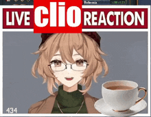 a girl with glasses is next to a cup of tea .