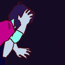 a pixel art drawing of a person with purple hair and blue eyes