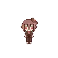 a pixel art drawing of a girl with red eyes and a bow in her hair .