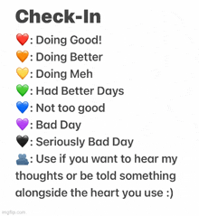 a check-in list with different colored hearts