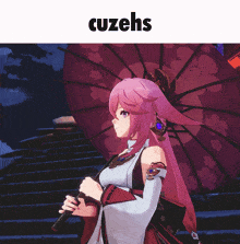 a girl with pink hair is holding a red umbrella and the words cuzehs above her