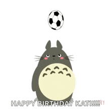 a cartoon totoro is playing with a soccer ball on its head