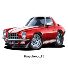 a cartoon drawing of a red and white muscle car with the numbers 73 on the bottom