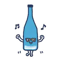 a cartoon drawing of a bottle with glasses and arms