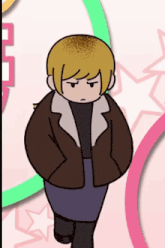 a cartoon character with blonde hair and a brown jacket is walking