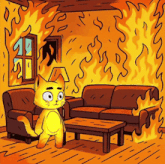 a cartoon cat is standing in a living room with flames coming out of the walls