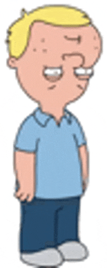 a cartoon character from family guy is standing in a blue shirt and blue pants .