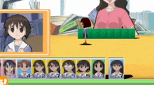 a cartoon of a girl standing next to a green box with the number 7 on it
