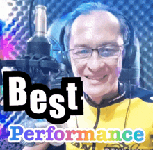 a man wearing headphones stands in front of a microphone with the words " best performance " above him