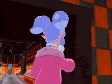 a cartoon character wearing a pink jacket and a blue hat stands in a room