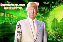 a man in a white suit and tie stands in front of a green screen that says nasdaq420