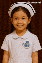 a little girl in a nurse 's uniform has an i am the little nurse button