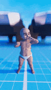 a cartoon baby in a diaper is standing on a blue tiled floor .
