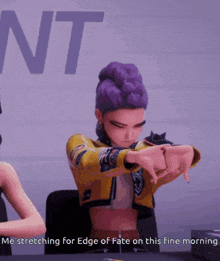 a video game character with purple hair is stretching her arms