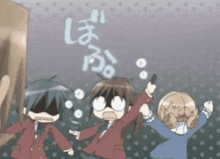 a group of anime characters are holding guns and one of them is holding a gun
