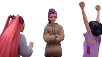 three cartoon characters with their arms in the air and yeahhhh written in the corner