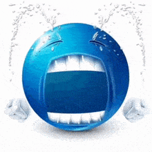 a blue smiley face with its mouth open and tears coming out of it 's eyes .