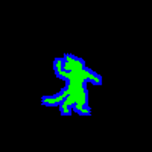 a pixel art drawing of a green and blue monster on a black background .