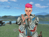 a cartoon character with pink hair is standing in front of a river