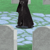 a cartoon character in a black coat is standing in front of graves