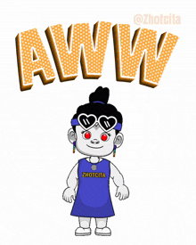 a cartoon of a girl holding a broken heart with the word aww written above her