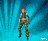 a woman in camo pants and a beret stands in front of a blue background with imgplay written on it