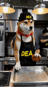 a dog wearing an apron that says dea holds a donut