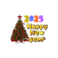 a christmas tree next to the words happy new year 2025
