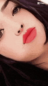 a close up of a woman 's face with red lips and a caption that says copco