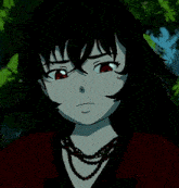 a cartoon girl with black hair and red eyes is wearing a necklace and looking at the camera .