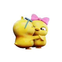 a couple of yellow chickens hugging each other with one wearing a pink bow