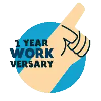 a sticker that says 1 year work versary with a hand pointing