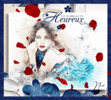a painting of a woman with the words " heureux " on the bottom