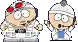 a couple of cartoon characters are standing next to each other .