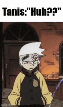 a cartoon character from soul eater is standing in front of a building and talking to a person .