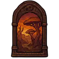 a pixel art painting of a landscape with mushrooms in the foreground