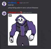 a cartoon of a man in a purple hoodie with a skull on his head
