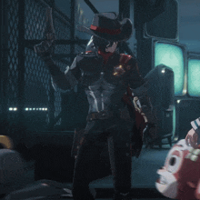 a man in a cowboy hat is holding a gun in his right hand