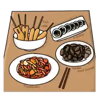 a drawing of various korean food including fish cake and kimbap