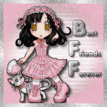 a girl in a pink dress holding a heart and a cat with the words " best friends forever " on the bottom