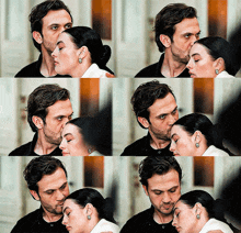 a man kissing a woman on the forehead in a collage of images