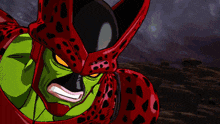 a close up of a cartoon character with a green face and red spots