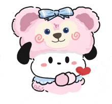 a drawing of a dog wearing a pink bear hat
